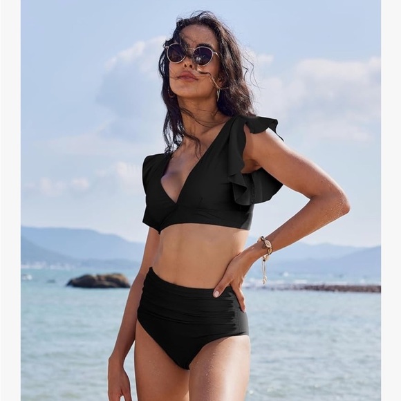 NWT Women Ruffle High Waisted Push Up Bathing suit bikini medium black - Picture 3 of 7